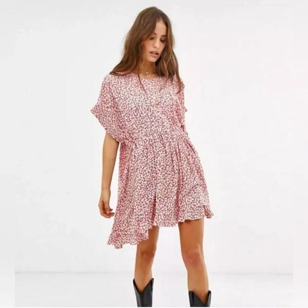 Free People One Fine Day Mini Dress S | Red White Floral Babydoll Cottagecore